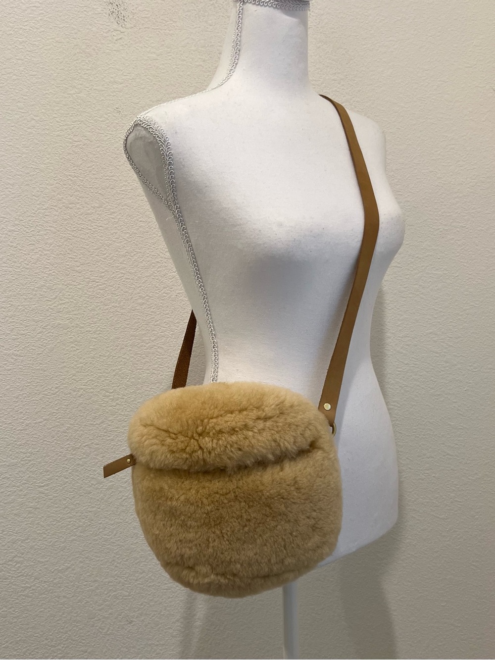 Handmade Genuine Shearling Sheepskin Crossbody Bag Tan Leather Strap Plush